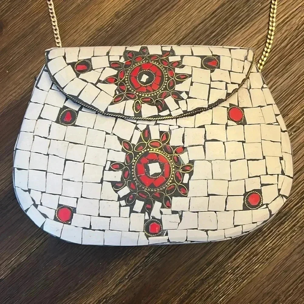 Ramla Handmade Metal Bag With Mosaic Stones - Red & White - New Unique